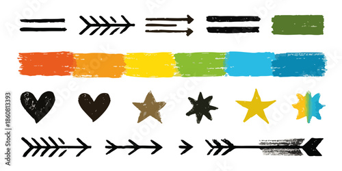 Transparente, handgezeichnete Pinselstrich-Elemente mit Pfeilen, Herzen, Sternen und bunten Farbflecken für kreative Designs und Illustrationen.