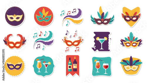 Colorful Party Icons: Masks Drinks Music and Celebration for Events and Festivals