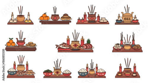 Elaborate Still Life of Food Offerings on Altars for Worship and Remembrance