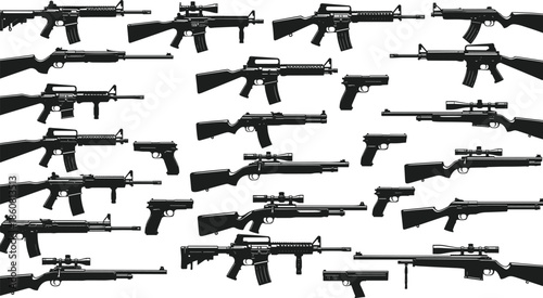Firearm silhouettes vector illustration, rifles and handguns, black and white weapon icons, gun collection, tactical gear, military firearm artwork