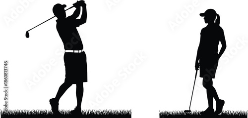 Golfers silhouette vector illustration, male golfer mid-swing, female golfer casual stance, golf clubs on grass, caps and athletic attire, black and white art