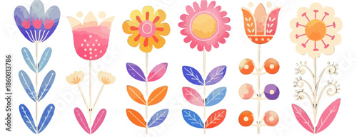 Eine Sammlung von transparenten, stilisierten Aquarellblumen im skandinavischen Volkskunst-Design, perfekt für Frühlings- und Sommerdekorationen.