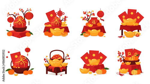 Festive Decorations for Chinese New Year Celebration: Red Envelopes and Golden Ingots