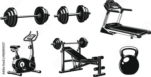 Gym fitness equipment vector illustration set, dumbbells treadmill exercise bike bench press kettlebell icons, black and white workout training collection