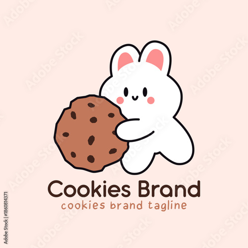 Kawaii Bunny Mascot Playing with Chocolate Chip Cookie Logo in Warm Pastel Colors for Bakery and Confectionery Brand Design