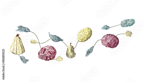 Guirnalda decorativa con ilustración dibujada a mano de formas orgánicas y colores pastel, ideal como elemento gráfico transparente para diseños delicados.