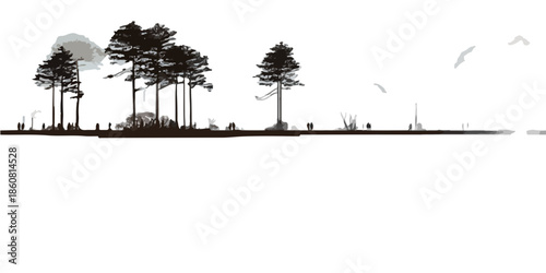 Silueta de paisaje minimalista con pinos y vegetación sobre un fondo transparente, ideal para diseño gráfico y composiciones.