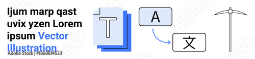 Language services, content creation, digital tools, mining ideas, multilingual communication, education. Symbols include text, document translation arrows and a pickaxe. Language services