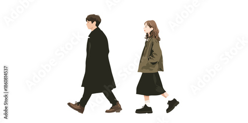 Ilustración minimalista de una pareja joven caminando con ropa casual, ideal para diseños con fondo transparente.