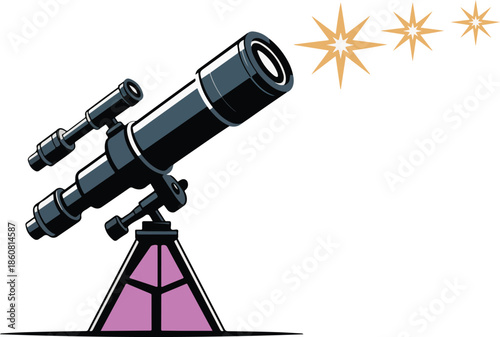 Stylish Cartoon Vector Graphic of Telescope Observing Stars in Night Sky Scene Illustration