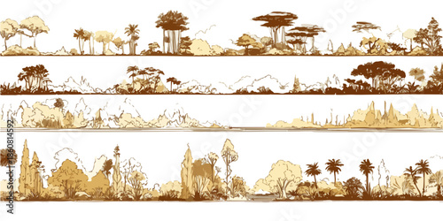 Ilustración vectorial transparente de cuatro horizontes naturales con árboles y montañas, dibujados a mano en tonos sepia para diseño.