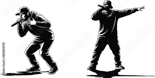 Hip-hop performance silhouette, rap artists with microphones, streetwear vector, black and white illustration, urban music scene, expressive pose, vocal delivery