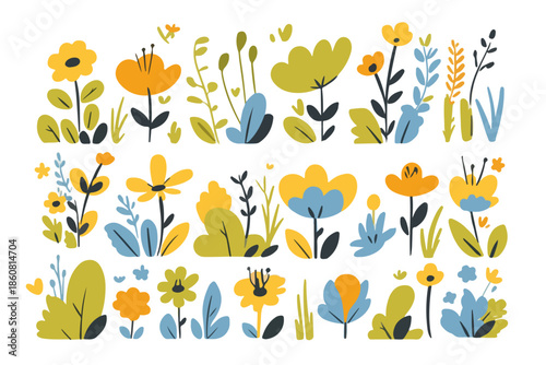 Conjunto de ilustraciones vectoriales de flores y plantas estilizadas con diseño plano, ideal para decoración primaveral y proyectos infantiles.