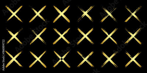 Golden grunge crosses, brush strokes, lines, ink smudges, hand-drawn scribble shapes. Handmade sketchy marks, acrylic stains, charcoal streaks. Paint textures, dry brush effect. Vector illustration