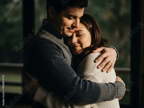 Romantic young couple sharing a tender embrace while wearing warm knitted sweaters, woman resting her head on her partner's shoulder.