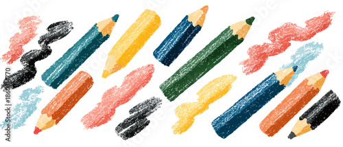 Ilustración vibrante de lápices de colores variados y sus trazos artísticos, flotando sobre un fondo blanco transparente, ideal para proyectos creativos y educativos.
