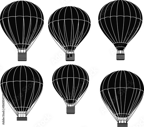 Hot air balloon silhouette set flat vector illustration collection isolated travel adventure aviation design icon pack minimal black white background
