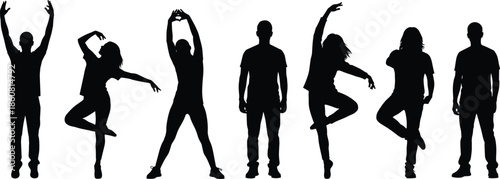 Human silhouette vector illustration, dancing and standing poses, black figure sketch, expressive body movement art, posture study, white background concept