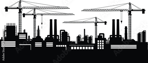 Industrial cityscape under construction, silhouette vector illustration, cranes and factories, urban development, black and white design, economic growth, infrastructure concept
