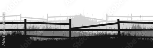 Meadow silhouettes with grass and old wooden fence. Countryside, panoramic summer lawn rural landscape with herbs, weeds. Herbal border, frame element. Black horizontal banners. Vector illustration