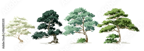 Set di quattro alberi stilizzati in diverse tonalità di verde e forme uniche, ideale per design su sfondo trasparente.