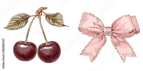 Illustrazione acquerello di dolci ciliegie rosse e un grazioso fiocco rosa, ideali per grafica e design su sfondo trasparente e decorazioni.