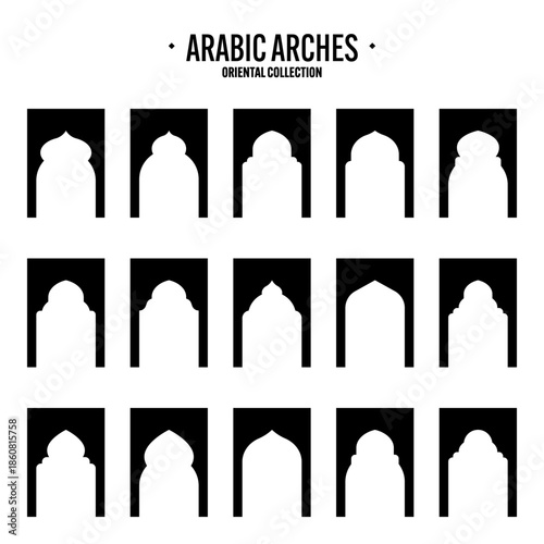 Islamic frames, oriental style objects. Arabic shapes, windows and arches. Traditional ornamental banner, frame. Muslim holidays, Ramadan Kareem. Modern eastern architecture. Vector illustration