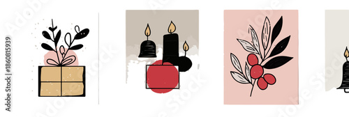 Set di illustrazioni vettoriali natalizie disegnate a mano con pacco regalo, candele e bacche, ideali per design moderno e trasparente.