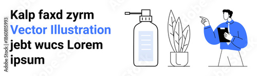 Hygiene, safety, health awareness, cleanliness, professional guidance, sanitizer use. A person holding a clipboard near a hand sanitizer bottle and a plant. Hygiene and safety concept