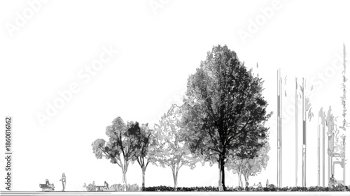 Rappresentazione digitale trasparente di alberi e figure umane in un paesaggio urbano stilizzato, con un'estetica minimalista.