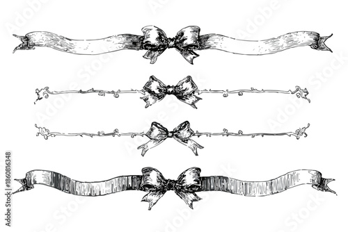 Set di eleganti nastri e fiocchi decorativi disegnati a mano con stile vintage, ideali come bordi e divisori trasparenti per un tocco classico.
