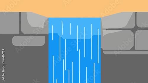 Cartoon Waterfall Cascading Over Stone Wall Illustration.