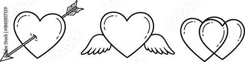 Romantic pink heart border collection, black heart garland silhouettes, 3D glossy heart icon, striped love shapes, wedding invitation decorative elements, Valentine day