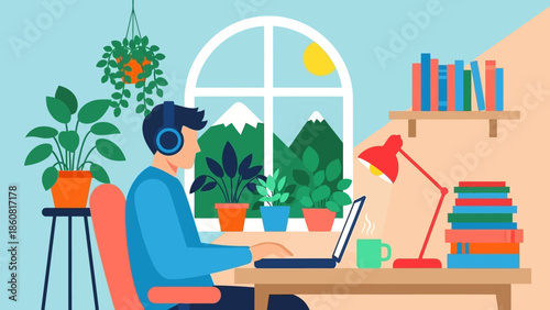 Man working on laptop at home office desk surrounded by plants and books.