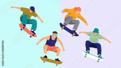 Four skateboarders performing tricks on pastel background.