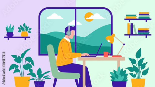 Man working on laptop at home office desk with plants around.