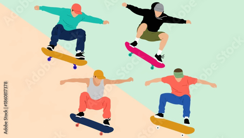 Four skateboarders performing tricks on a ramp.