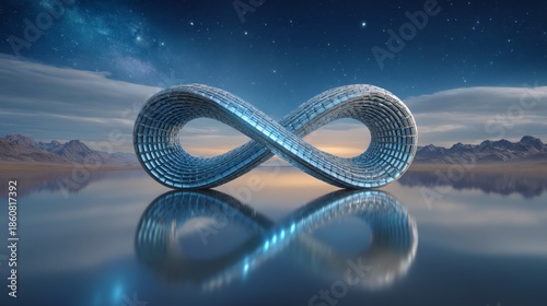 Reflective metallic infinity loop rises above mirror calm water with distant mountains and starry sky, symbolizing innovation, continuity, and limitless futuristic possibilities.