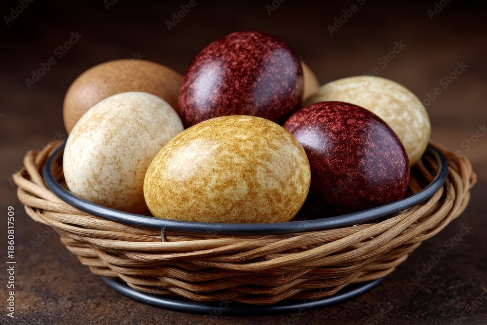 Obraz premium Close-up of a woven basket brimming with colorful speckled eggs on a dark surface, creating a warm, artisanal look perfect for Easter, food, or seasonal design projects.
