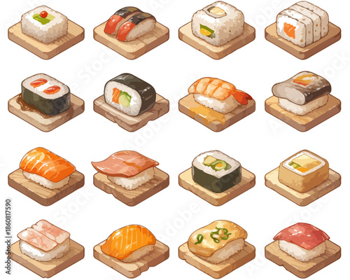 Kolekcja różnorodnych, ręcznie rysowanych kawałków sushi i maki na drewnianych podstawkach, idealna do projektów kulinarnych.