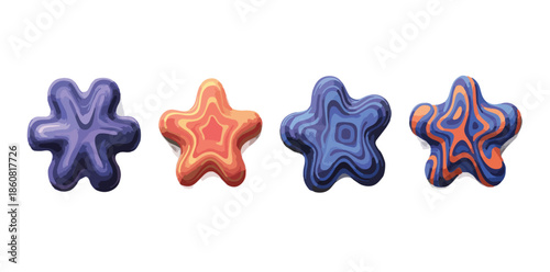 Cztery abstrakcyjne, błyszczące kształty z wirującymi wzorami, przypominające gwiazdy, w odcieniach fioletu, pomarańczy i błękitu, na białym tle.