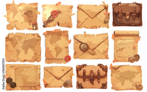 Kolekcja starych map, kopert i dokumentów podróżnych z pieczęciami, idealna do projektów graficznych o tematyce przygodowej i historycznej.