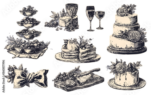 Kolekcja klasycznych ilustracji: ciasta, desery, wino i przekąski, idealne na eleganckie przyjęcia i bankiety.