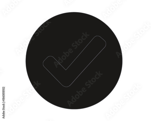 Czarny okrągły przycisk z przezroczystym, minimalistycznym symbolem znacznika wyboru, idealny jako ikona potwierdzenia lub akceptacji.