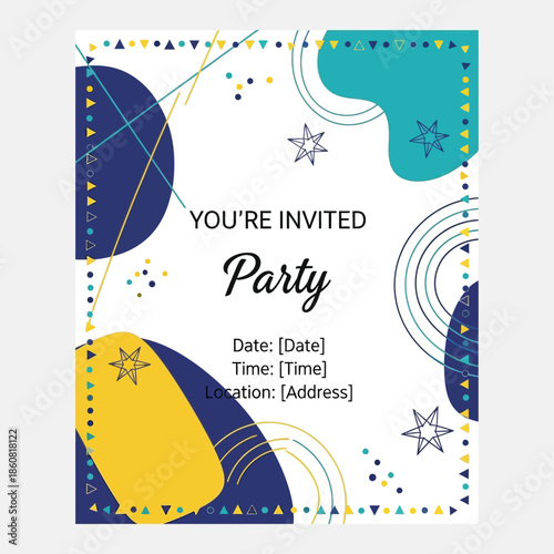 Modern abstract party invitation card with colorful geometric shapes and festive design.