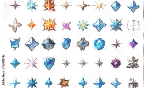 Zestaw przezroczystych ikon fantasy, przedstawiających błyszczące kryształy, lód i magiczne gwiazdki w odcieniach niebieskiego, pomarańczowego i fioletu.