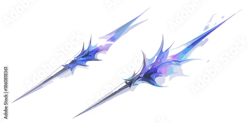 신비로운 푸른색과 보라색 빛이 감도는 투명한 판타지 무기 두 자루가 흰색 배경에 우아하게 떠 있는 환상적인 디지털 아트워크.
