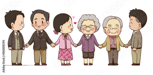 다양한 세대의 가족 구성원들이 손을 맞잡고 함께 서서 서로에게 사랑과 지지를 보내는 화목하고 따뜻한 공동체의 모습을 담은 투명한 배경의 귀여운 일러스트