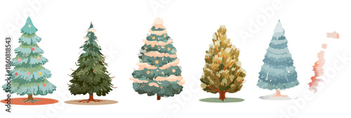 눈 덮인 소나무, 장식된 전나무 등 다양한 형태와 색상의 수채화 손그림 크리스마스 및 겨울 나무 일러스트 컬렉션으로 명절 분위기를 연출합니다.