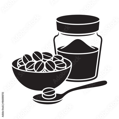 Black and white illustration of coffee beans jar and spoon
